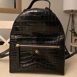 Tory Burch black croc-embossed back pack.